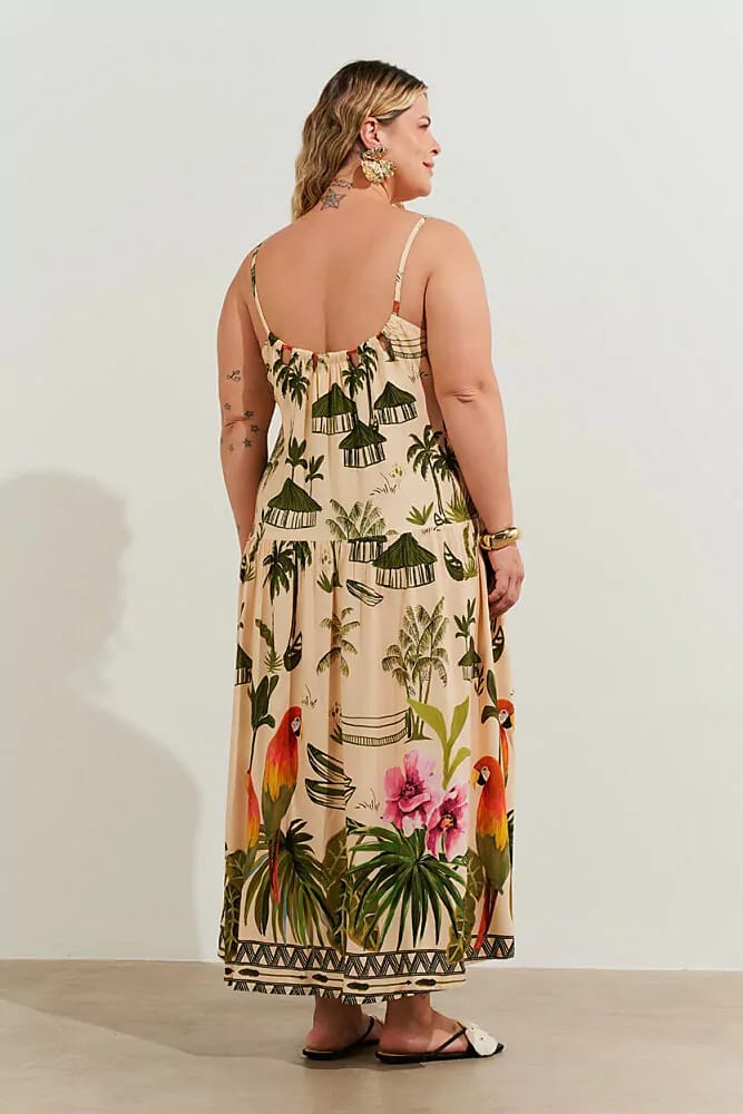 Vestido longo de alças estampa de aldeia verde em viscose - 44