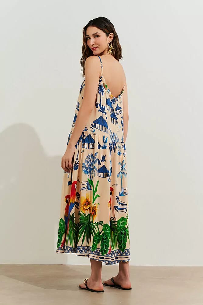 Vestido longo de alças estampa adeia azul em viscose - 44