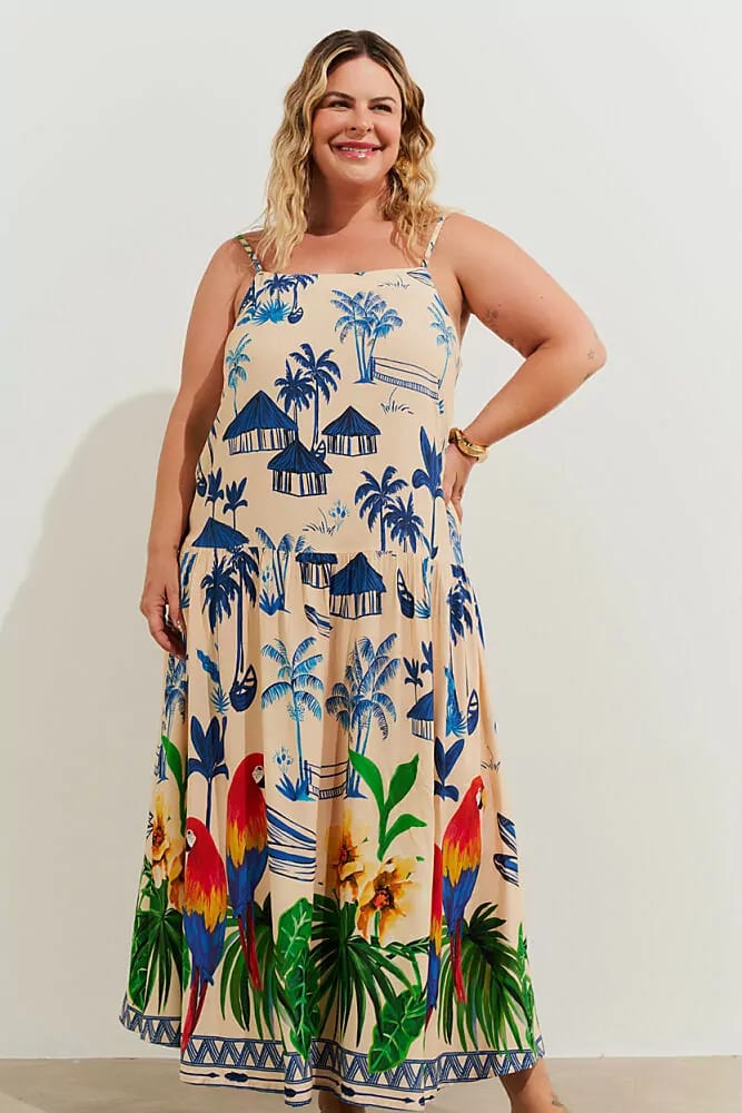 Vestido longo de alças estampa adeia azul em viscose - 44