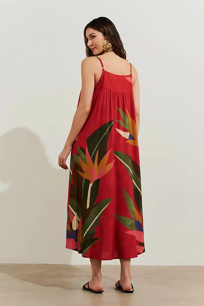 Vestido longo estampado vermelho com aplicação em renda - 40