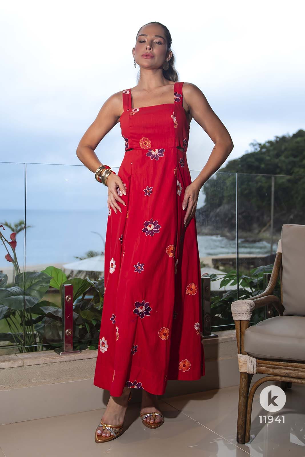 Vestido vermelho bordado com alças - G