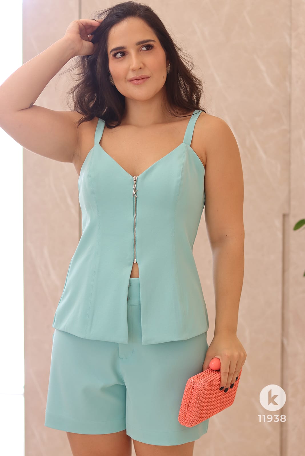Conjunto de bermuda e blusa com zíper frontal verde água - G