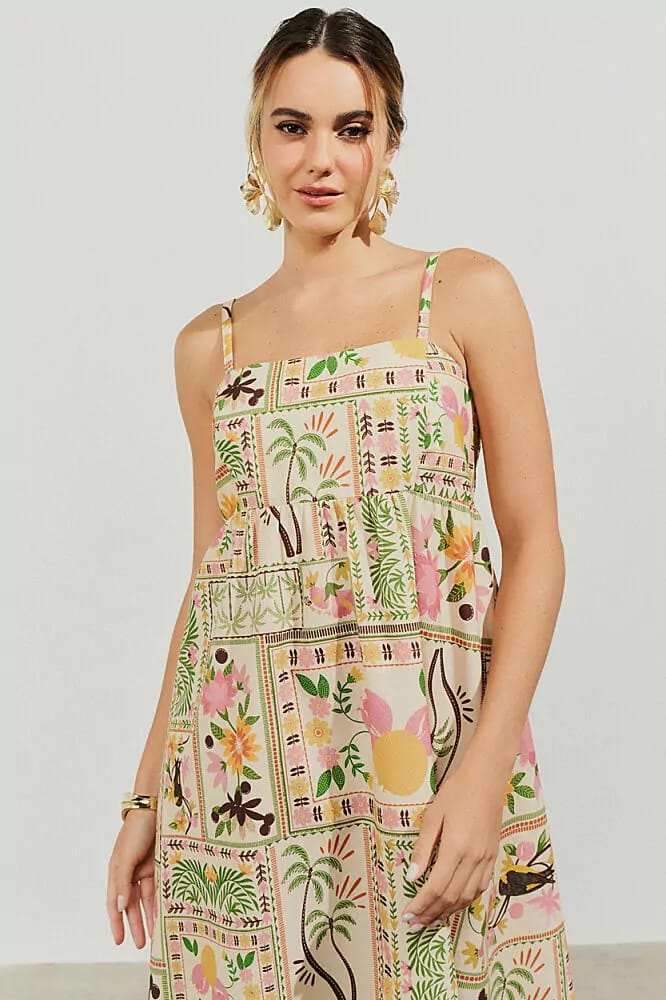 Vestido nude estampado com alças - 42