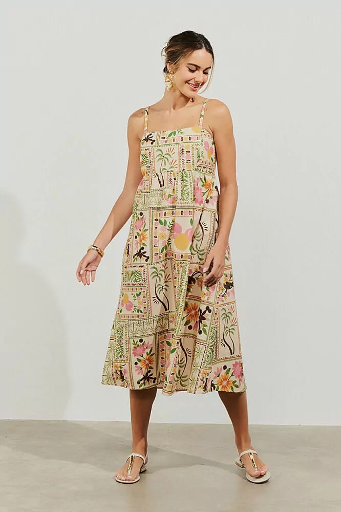 Vestido nude estampado com alças - 42