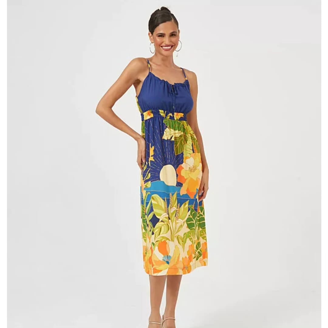 Vestido azul em viscose estampada - 38