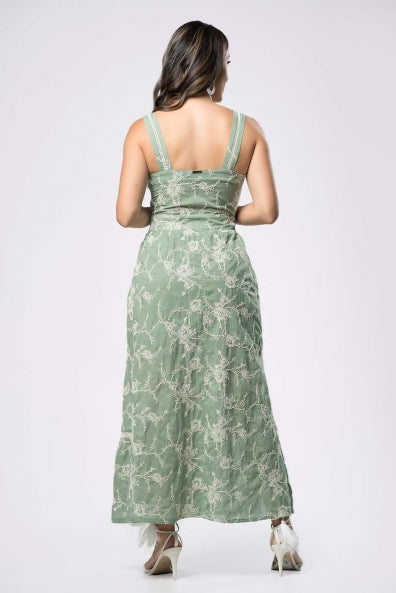 Vestido  verde bordado de alças - M