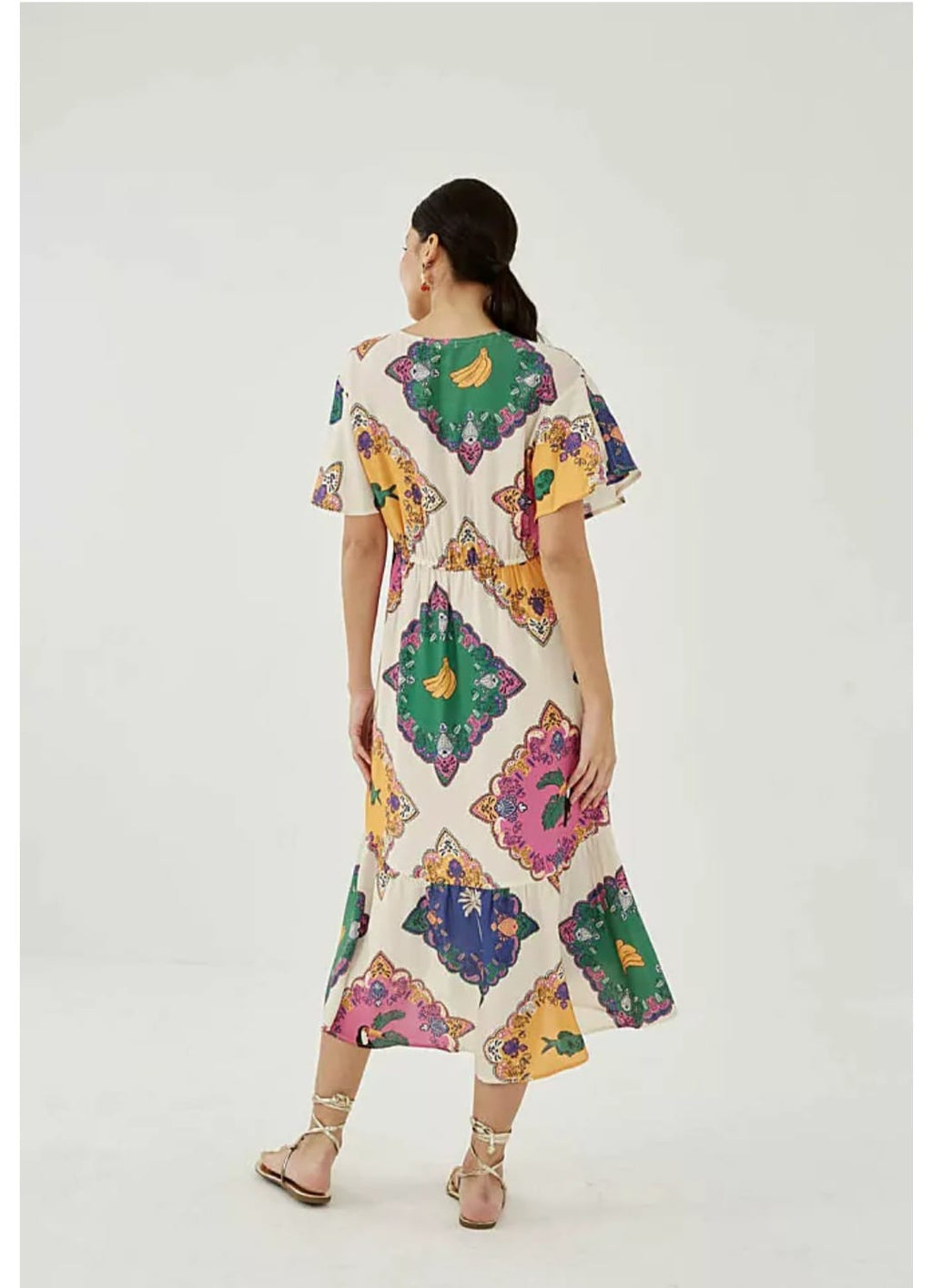 Vestido bege estampado com mangas - 42