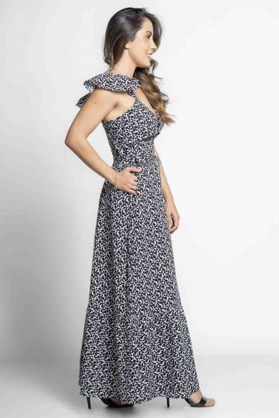 Vestido estampado preto e branco - G