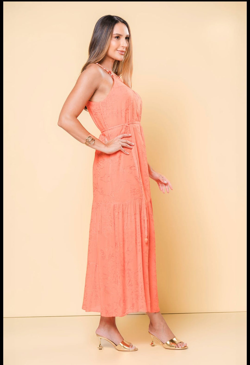 Vestido laranja em viscose bordada - P