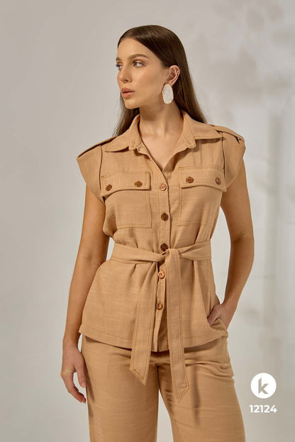 Conjunto de calça e blusa em linho bege