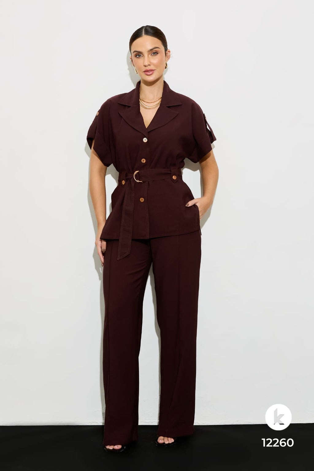 Conjunto de calça e blusa em linho marrom - GG