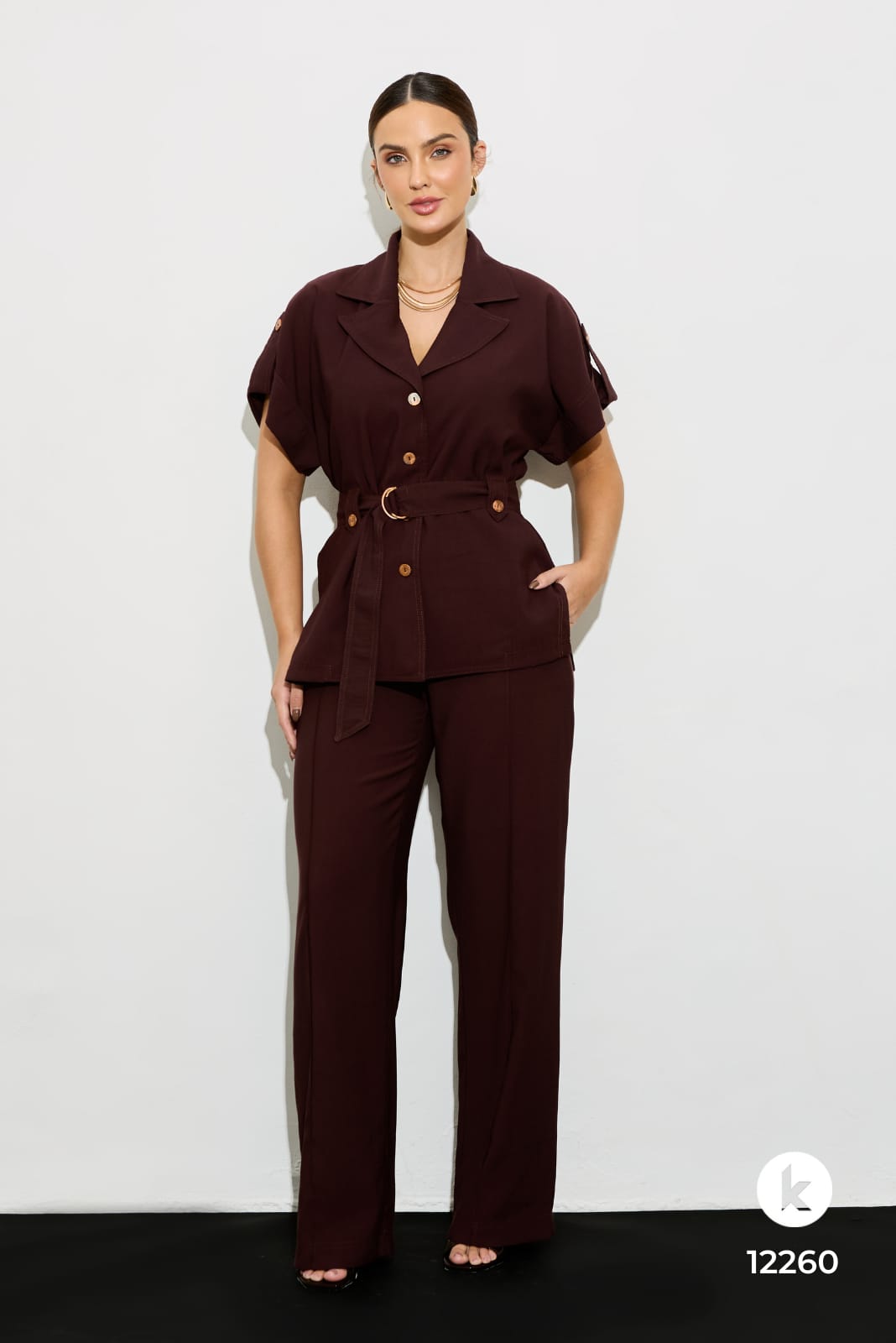 Conjunto de calça e blusa em linho marrom - GG