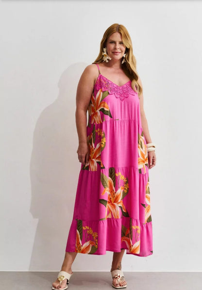 Vestido em viscose rosa estampado