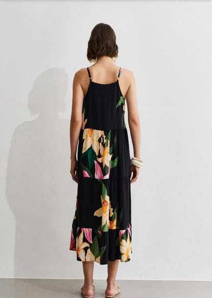 Vestido preto estampado com alças finas