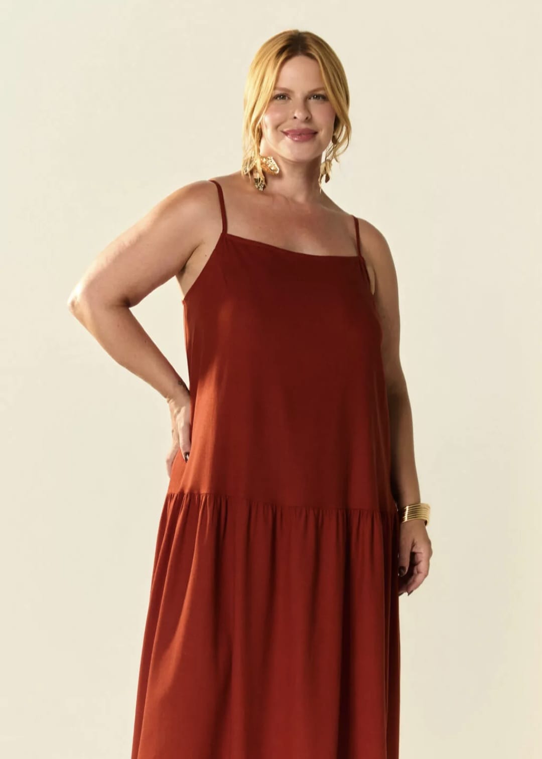 Vestido linho cintura baixa terracota- 44
