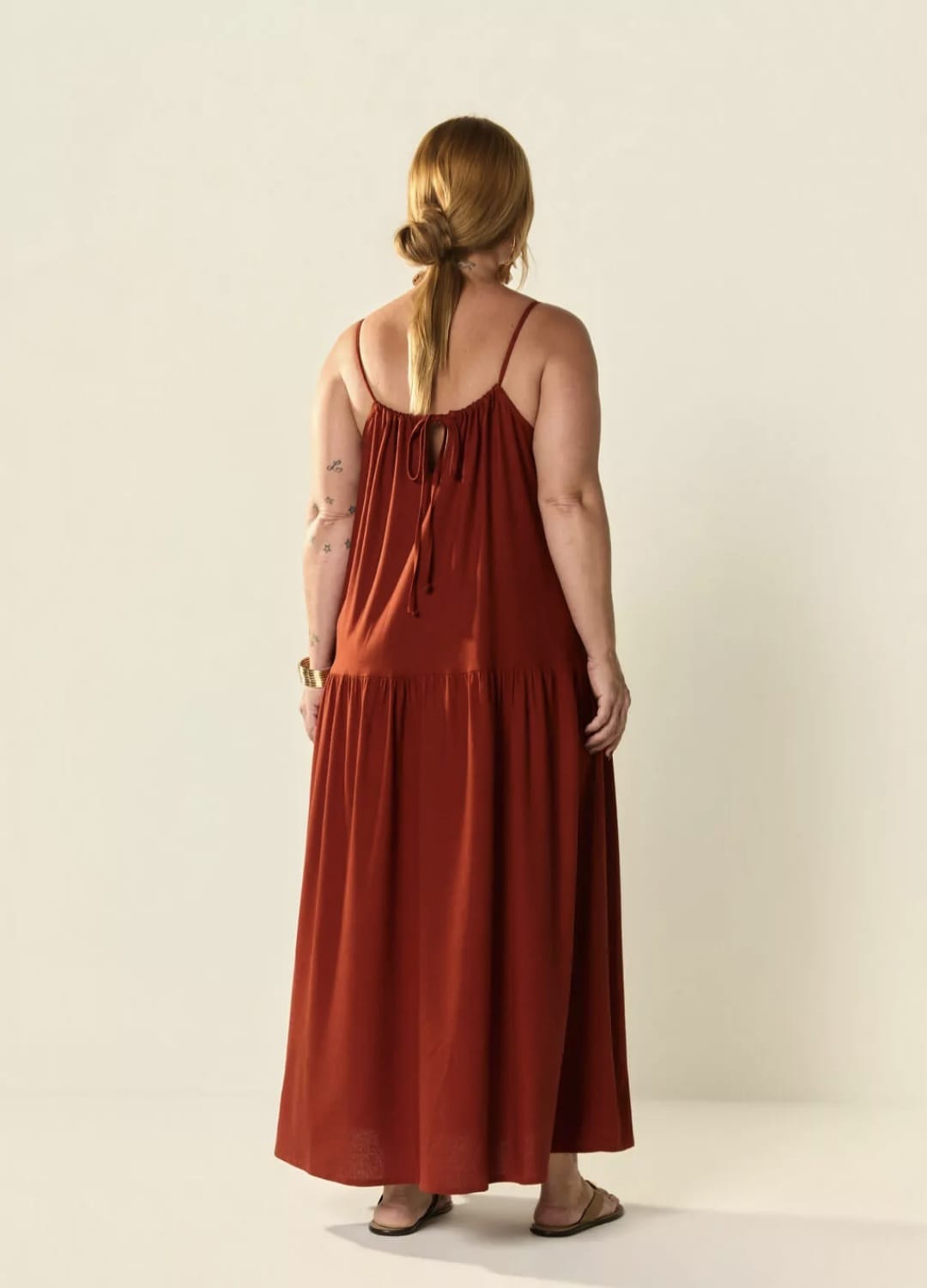 Vestido linho cintura baixa terracota- 44